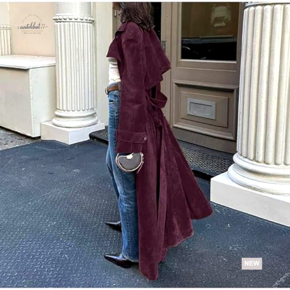 Faux Suede Long Trench Coat Double Breasted Slim Fit Pea Coat with Belt - Picture 2 of 7
